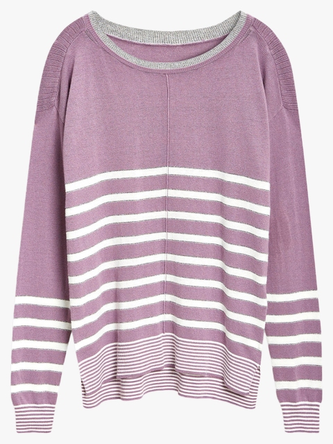 next Women Purple & White Striped Pullover Sweater