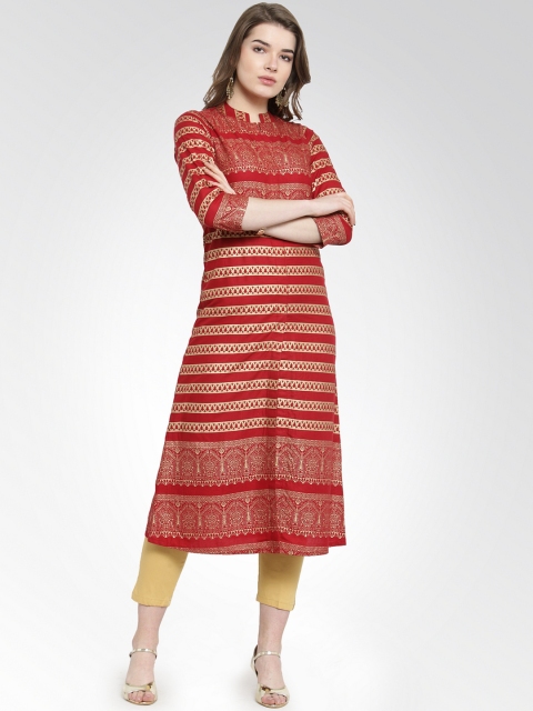 Jompers Women Maroon & Golden Printed A-Line Kurta