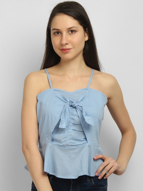LA LOFT Women Blue Solid Peplum Pure Cotton Top