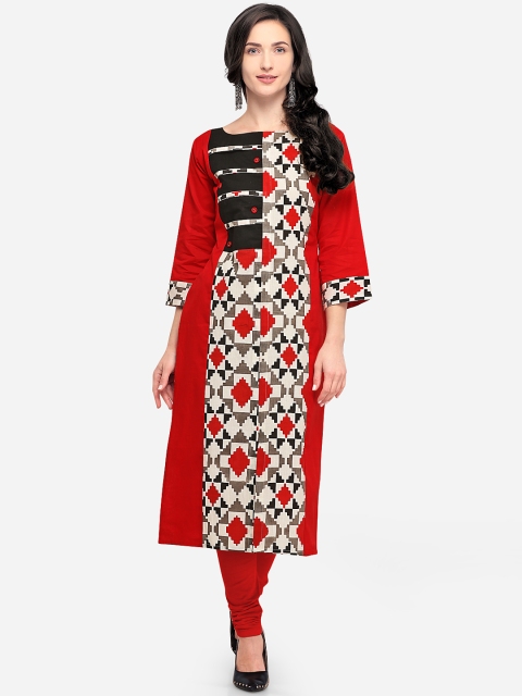 Satrani Women Red & White Printed Straight Kurta