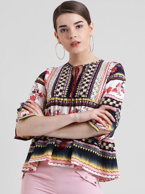 Zink London Women White & Red Printed A-Line Top
