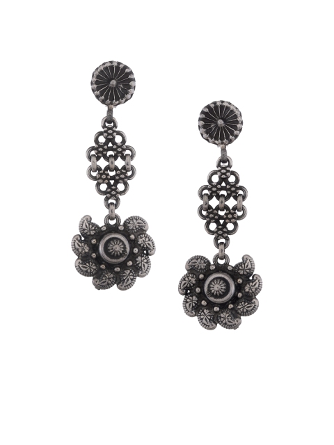 Silvermerc Designs Silver-Toned & Black Circular Drop Earrings