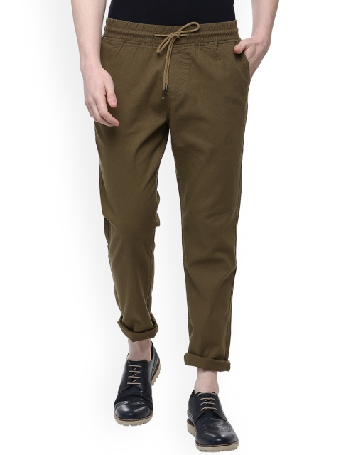People Men Olive Green Slim Fit Solid Regular Trousers