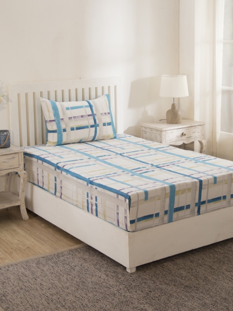 MASPAR Blue & Off-White Abstract 210 TC Cotton 1 Single Bedsheet with 1 Pillow Covers