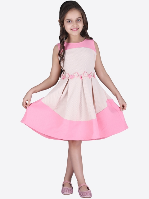 CUTECUMBER Girls Beige & Pink Self Design Fit and Flare Dress