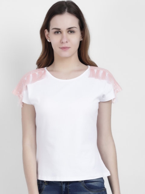 LA LOFT Women White Embroidered Round Neck T-shirt