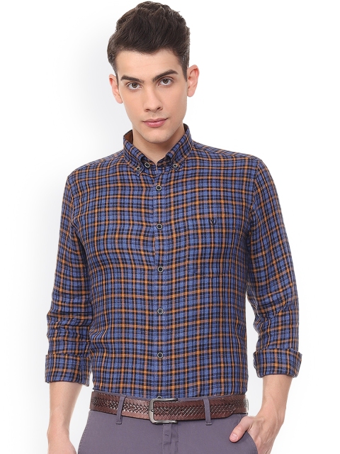 Van Heusen Sport Men Blue & Peach-Coloured Slim Fit Checked Semiformal Shirt
