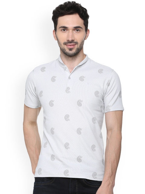 V Dot Men White Printed Slim Fit Polo Collar Pure Cotton T-shirt