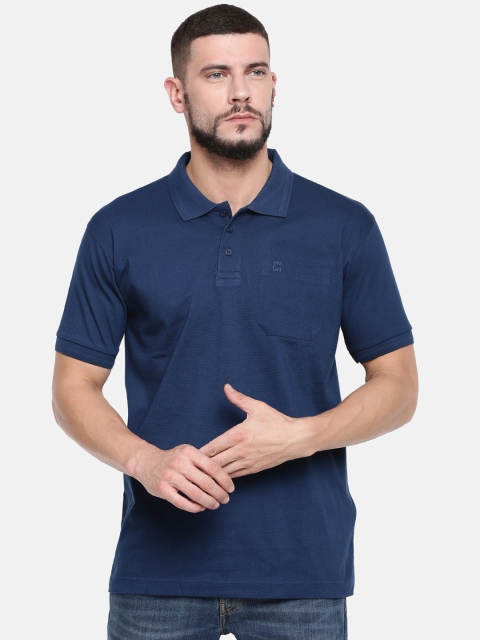 RAMRAJ COTTON Men Blue Solid Polo Collar T-shirt