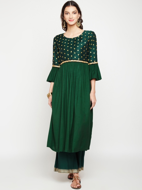 studio rasa Women Green & Gold-coloured Solid Kurta with Palazzos