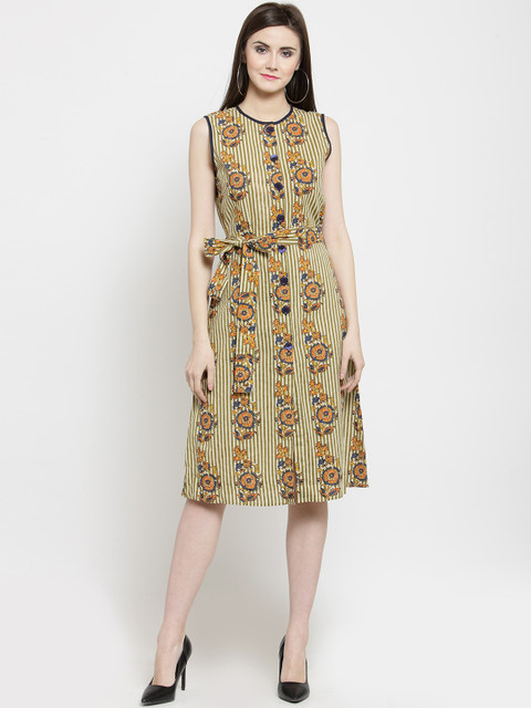 Purple State Women Beige Striped Floral Print Fit and Flare Dress
Purple State Women Beige Striped Floral Print Fit and Flare Dress