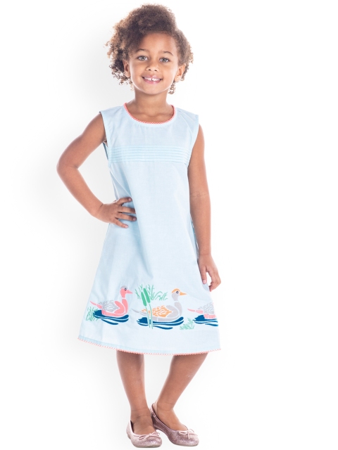 Cherry Crumble Girls Blue Self Design A-Line Dress