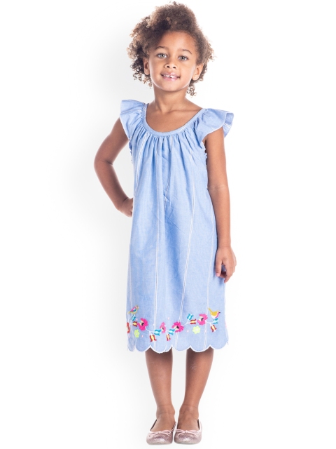 Cherry Crumble Girls Blue Self Design A-Line Dress