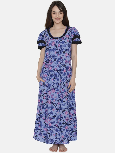 Clovia Women Blue Printed Nightdress NS1159P08XL