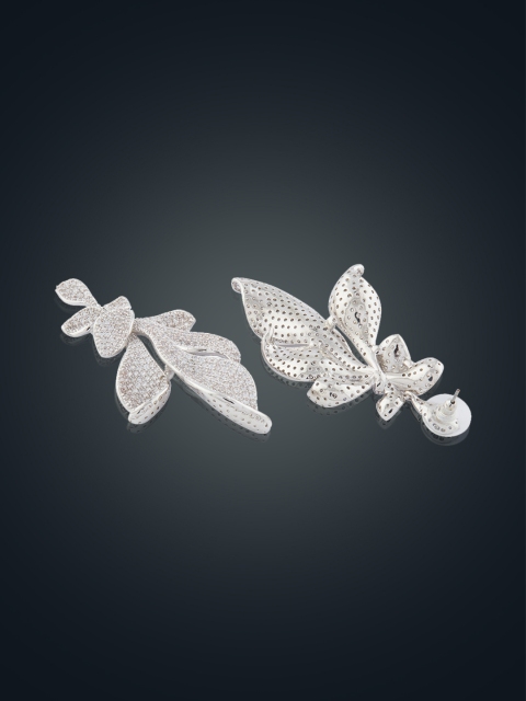 shaze Silver-Toned Feather Shaped Drop Earrings