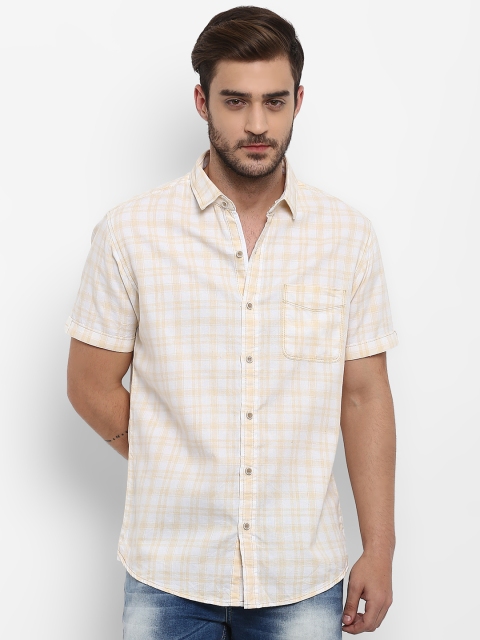 Mufti Men White & Cream-Coloured Slim Fit Checked Casual Shirt