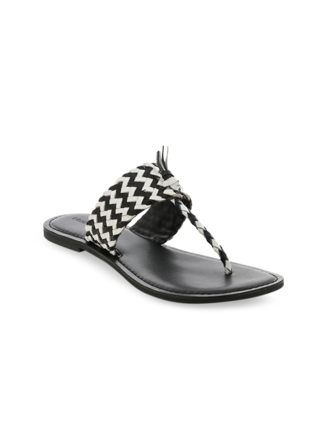 London Rag Women Black Woven Design Leather Open Toe Flats