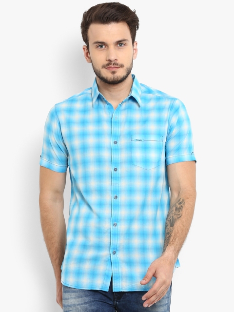 Mufti Men Turquoise Blue & White Slim Fit Checked Casual Shirt