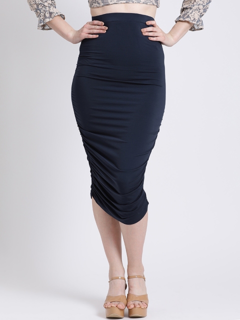 Kazo Women Navy Blue Solid Tiered Midi Skirt
