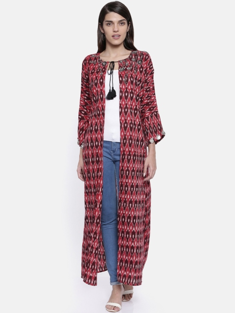 The Kaftan Company Maroon Printed Tie-Up Shrug