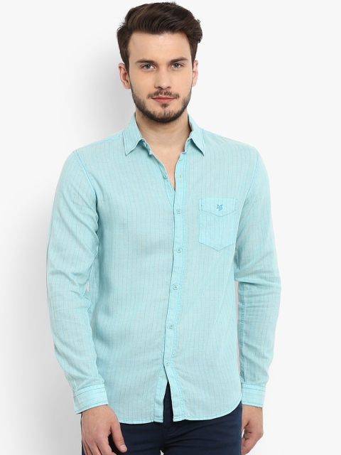 Mufti Men Sea Green Slim Fit Striped Casual Shirt