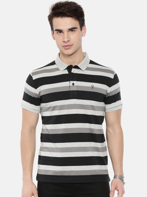 Classic Polo Men Black & Grey Striped Polo Collar T-shirt