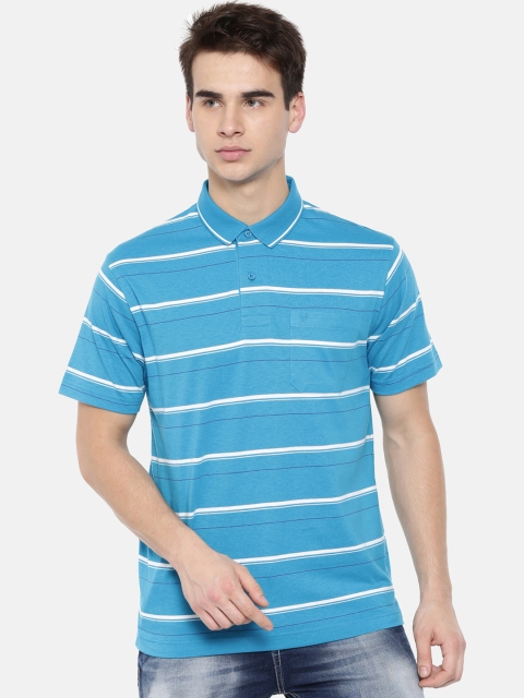 Classic Polo Men Blue Striped Polo Collar Slim Fit T-shirt