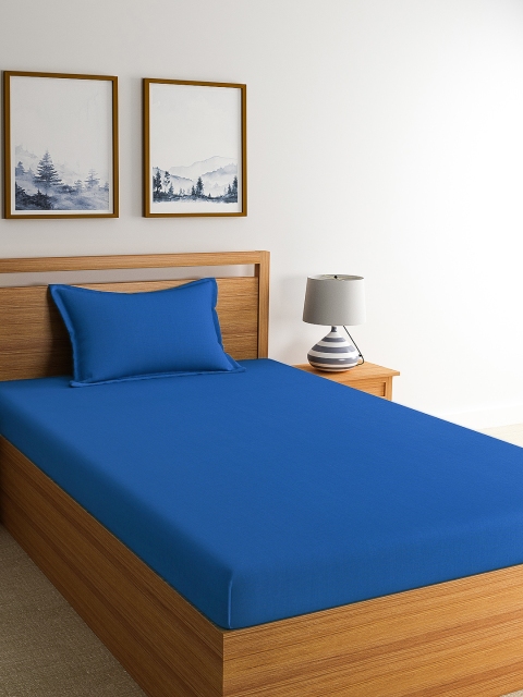 Home Ecstasy Blue Solid 150 TC Cotton 1 Single Bedsheet with 1 Pillow Cover