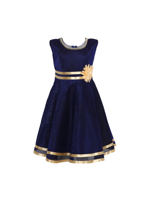 Aarika Girls Navy Blue Self Design Fit and Flare Dress