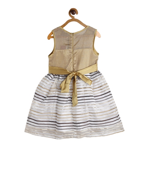 612 league Girls Gold-Coloured & White Self Design Fit and Flare Dress