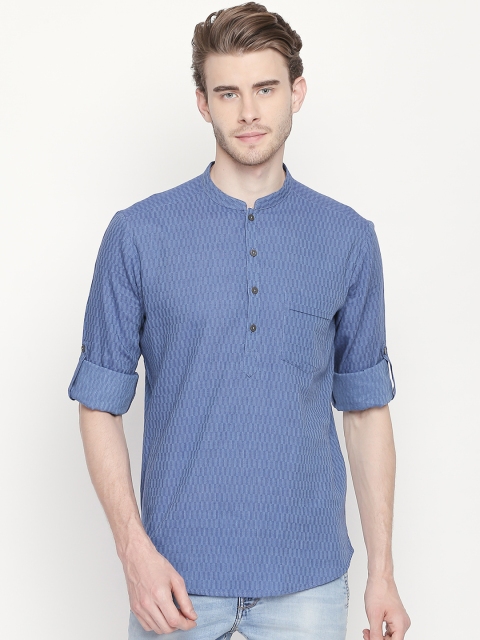indus route by Pantaloons Men Blue Woven Design Straight Kurta
