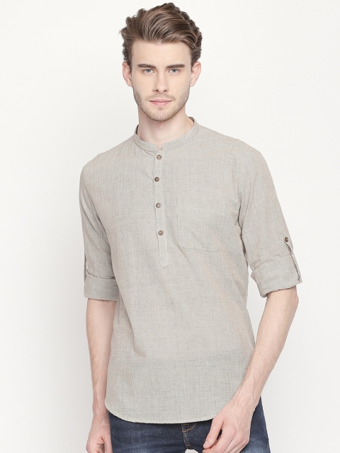 indus route by Pantaloons Men Beige Woven Design Straight Kurta