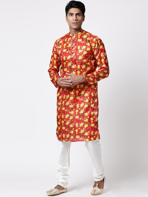 Svanik Men Red & Yellow Printed Straight Kurta