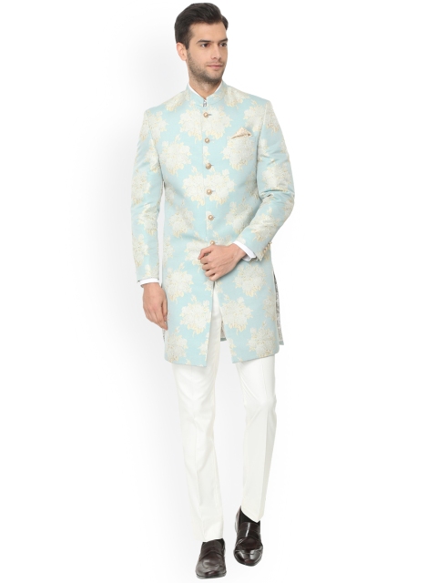 V Dot Men Blue & White Self-Design Slim-Fit Sherwani Suit
