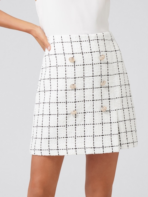 Forever New Women White & Black Checked A-Line Skirt