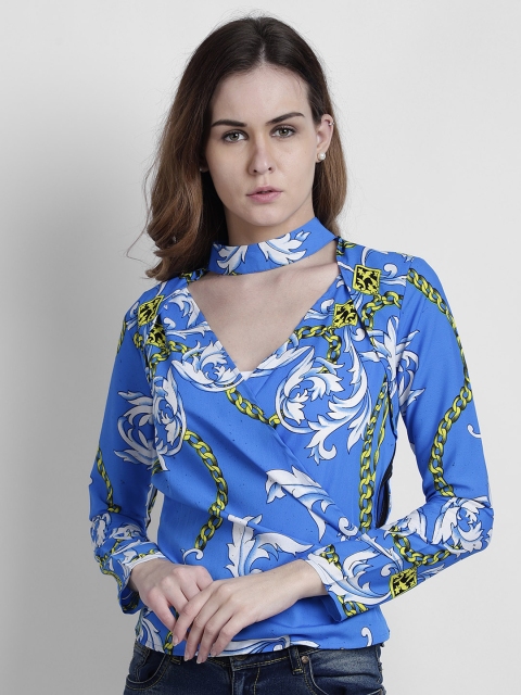 LA LOFT Women Blue Printed Wrap Top