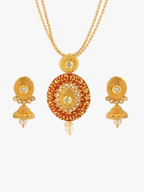 Peora Women Gold-Plated & Red Meenakari & Kundan-Studded Jewellery Set