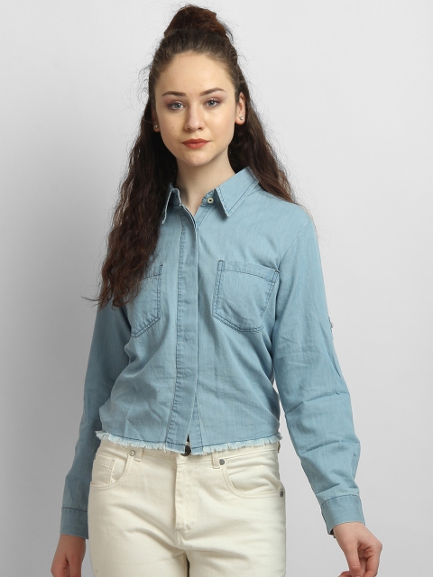 LA LOFT Women Blue Regular Fit Solid Casual Denim Shirt