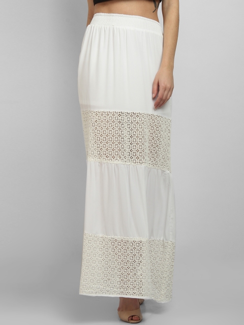 LA LOFT Women White Solid Tiered Maxi Skirt