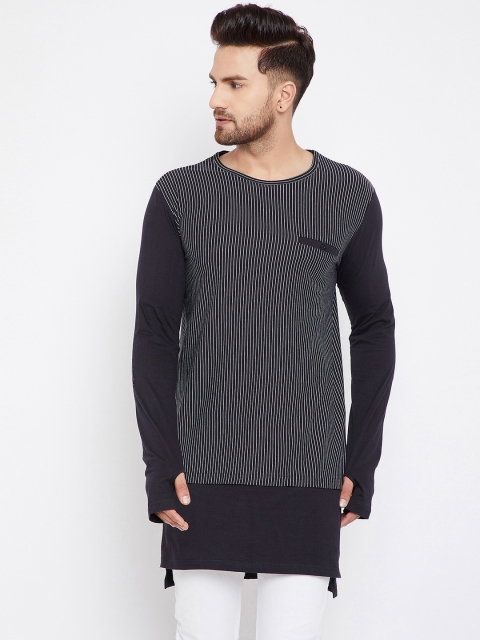 Hypernation Men Black Striped Round Neck Longline T-shirt