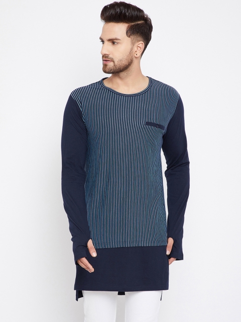 Hypernation Men Navy Blue Striped Round Neck Longline T-shirt