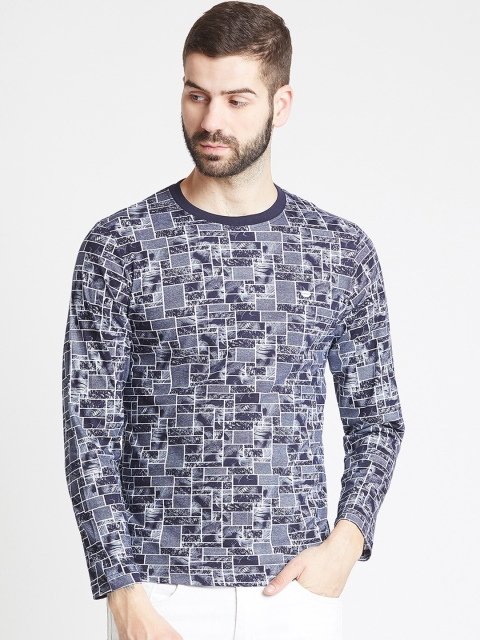 Okane Men Navy Blue & White Printed Round Neck T-shirt