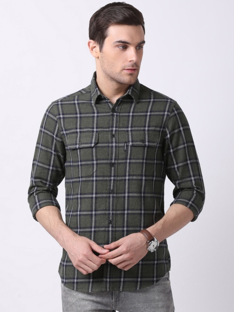 THE BEAR HOUSE Men Olive Green & White Slim Fit Checked Casual Shirt