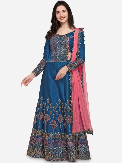 RIYA Blue & Pink Embroidered Unstitched Lehenga & Blouse with Dupatta