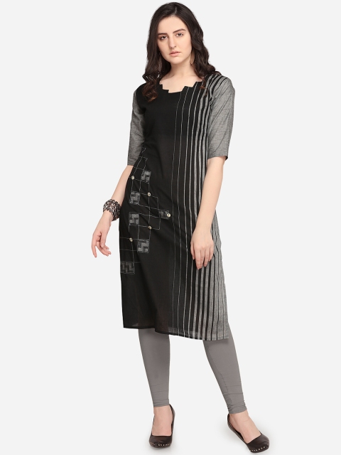 Kvsfab Women Black & Grey Striped Straight Kurta