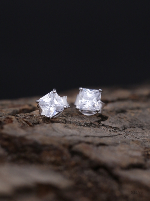 ADORN by Nikita Ladiwala Silver-Toned CZ Studded Square Studs