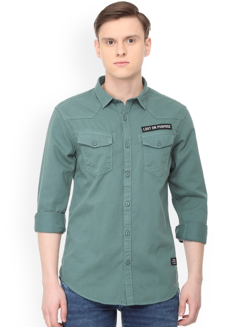 People Men Green Regular Fit Solid Casual Shirt