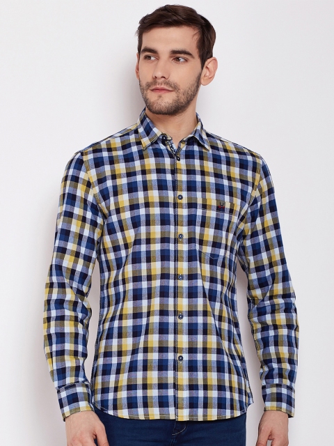Crimsoune Club Men Navy Blue & Yellow Slim Fit Checked Casual Shirt