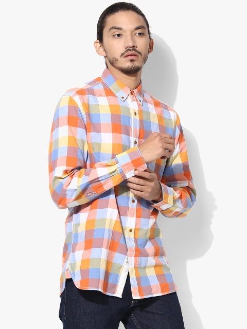 French Connection Men White & Orange Regular Fit Checked Casual Shirt