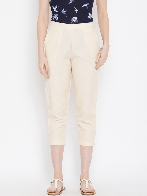 Bitterlime Women Cream-Coloured Relaxed Regular Fit Self Design Cigarette Trousers
